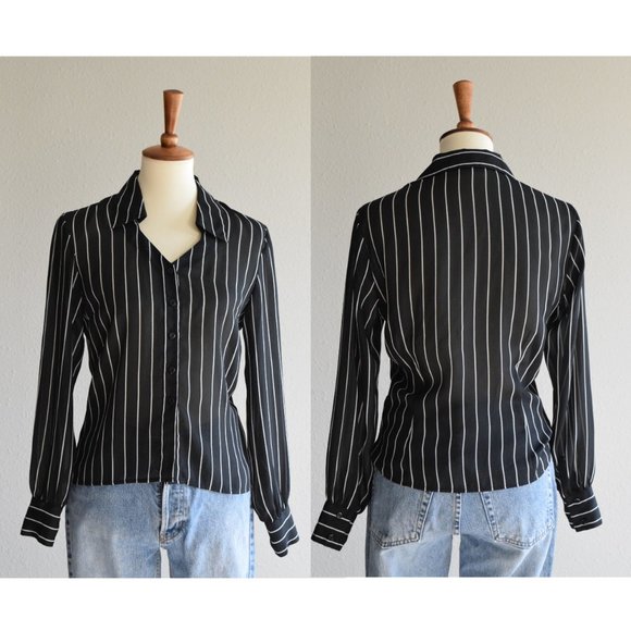 Classic black white sheer dress shirt Small - Picture 4 of 9